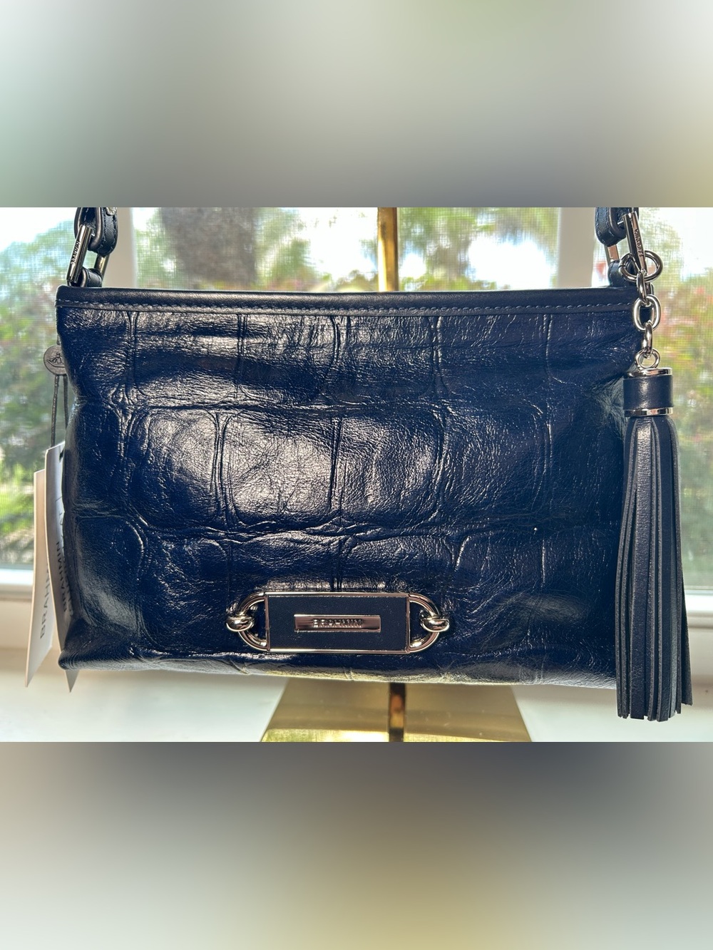 NWT🌷Brahmin Navy Croc-Embossed Leather Shoulder Bag w/ Fringe & Silver Hardware